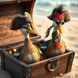 Two realistic Indian runner ducks with distinctive slender bodies and glossy feathers, standing inside an open treasure chest filled with shimmering gold coins and sparkling gemstones