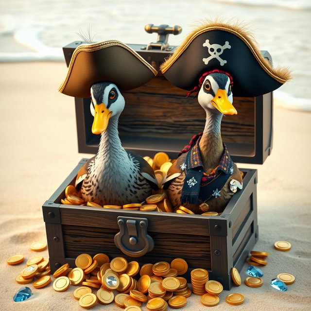 Two realistic Indian runner ducks, known for their slender bodies and smooth feathers, standing confidently in an open treasure chest filled with an array of gleaming gold coins and sparkling gemstones