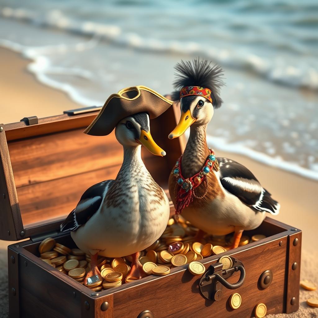 Two realistic Indian runner ducks, known for their slender bodies and smooth feathers, standing confidently in an open treasure chest filled with an array of gleaming gold coins and sparkling gemstones