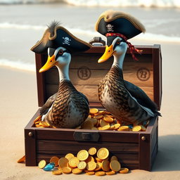 Two realistic Indian runner ducks, known for their slender bodies and smooth feathers, standing confidently in an open treasure chest filled with an array of gleaming gold coins and sparkling gemstones