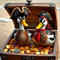Two realistic Indian runner ducks, known for their slender bodies and smooth feathers, standing confidently in an open treasure chest filled with an array of gleaming gold coins and sparkling gemstones