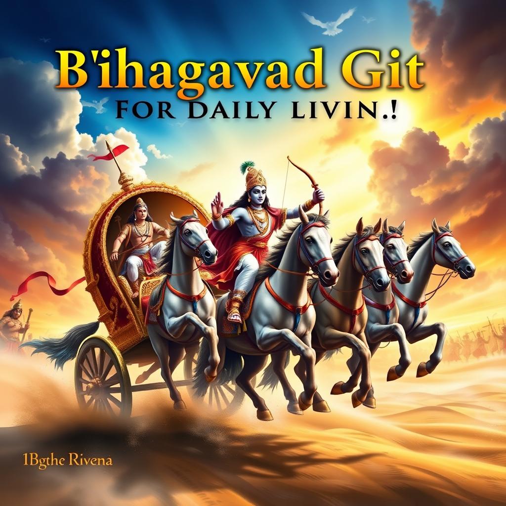 A dynamic book cover design measuring 18 inches by 11 inches, depicting Lord Krishna as a charioteer driving a magnificent chariot drawn by five powerful horses