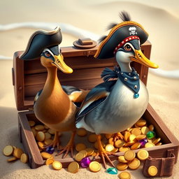 Two realistic Indian runner ducks with sleek and slender bodies, showcasing their glossy feathers, standing confidently in an open treasure chest overflowing with shiny gold coins and colorful gemstones