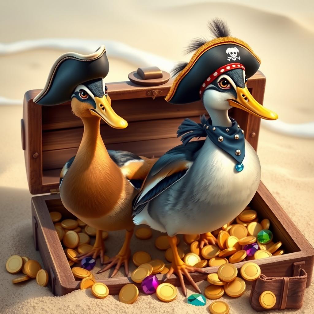Two realistic Indian runner ducks with sleek and slender bodies, showcasing their glossy feathers, standing confidently in an open treasure chest overflowing with shiny gold coins and colorful gemstones