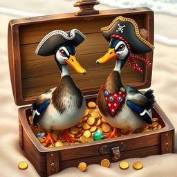 Two realistic Indian runner ducks with sleek and slender bodies, showcasing their glossy feathers, standing confidently in an open treasure chest overflowing with shiny gold coins and colorful gemstones