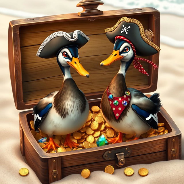 Two realistic Indian runner ducks with sleek and slender bodies, showcasing their glossy feathers, standing confidently in an open treasure chest overflowing with shiny gold coins and colorful gemstones