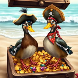 Two realistic Indian runner ducks with sleek and slender bodies, showcasing their glossy feathers, standing confidently in an open treasure chest overflowing with shiny gold coins and colorful gemstones