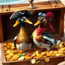 Two realistic Indian runner ducks with sleek and slender bodies, showcasing their glossy feathers, standing confidently in an open treasure chest overflowing with shiny gold coins and colorful gemstones