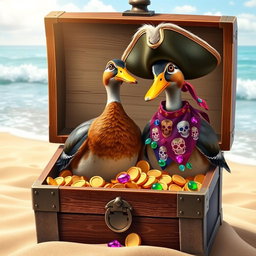 Two realistic Indian runner ducks, characterized by their upright stance and smooth, glossy feathers, standing proudly in an open treasure chest brimming with gleaming gold coins and vibrant gemstones