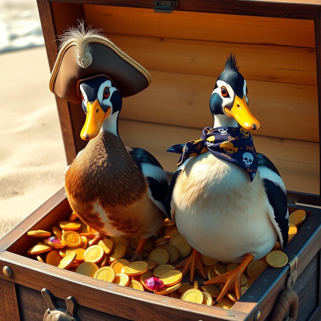 Two realistic Indian runner ducks, characterized by their upright stance and smooth, glossy feathers, standing proudly in an open treasure chest brimming with gleaming gold coins and vibrant gemstones