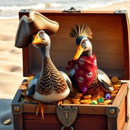 Two realistic Indian runner ducks, characterized by their upright stance and smooth, glossy feathers, standing proudly in an open treasure chest brimming with gleaming gold coins and vibrant gemstones