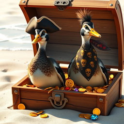 Two realistic Indian runner ducks, characterized by their upright stance and smooth, glossy feathers, standing proudly in an open treasure chest brimming with gleaming gold coins and vibrant gemstones