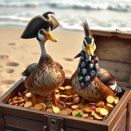 Two realistic Indian runner ducks, showcasing their sleek and upright stance, standing proudly in an open treasure chest overflowing with golden coins and colorful jewels