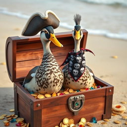 Two realistic Indian runner ducks, showcasing their sleek and upright stance, standing proudly in an open treasure chest overflowing with golden coins and colorful jewels