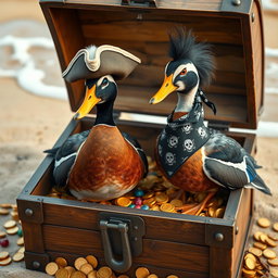 Two realistic Indian runner ducks, showcasing their sleek and upright stance, standing proudly in an open treasure chest overflowing with golden coins and colorful jewels