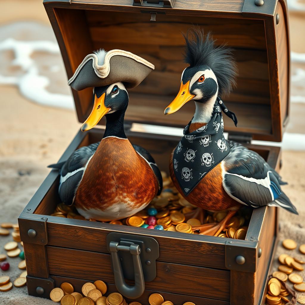 Two realistic Indian runner ducks, showcasing their sleek and upright stance, standing proudly in an open treasure chest overflowing with golden coins and colorful jewels