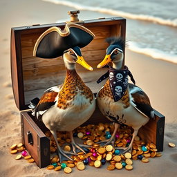 Two realistic Indian runner ducks, showcasing their sleek and upright stance, standing proudly in an open treasure chest overflowing with golden coins and colorful jewels