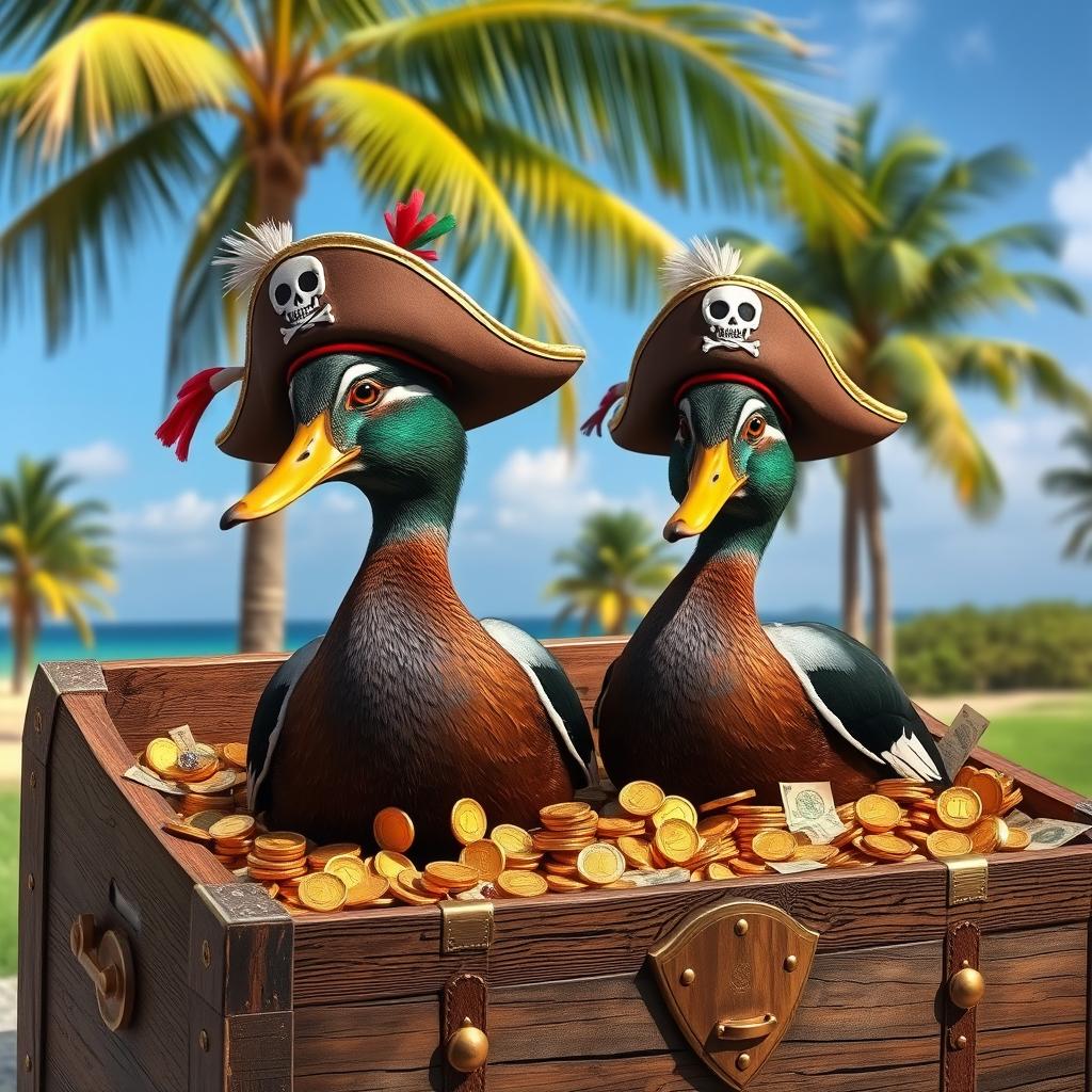 Two realistic Indian runner ducks, each donned in whimsical pirate hats embellished with colorful designs and playful skull motifs, sitting proudly in an open treasure chest overflowing with sparkling gold coins, jewels, and treasure maps