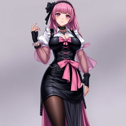 A realistic depiction of a sexy gothic anime maid/slave girl, showcasing a flustered, subtle smile with a blush on her cheeks