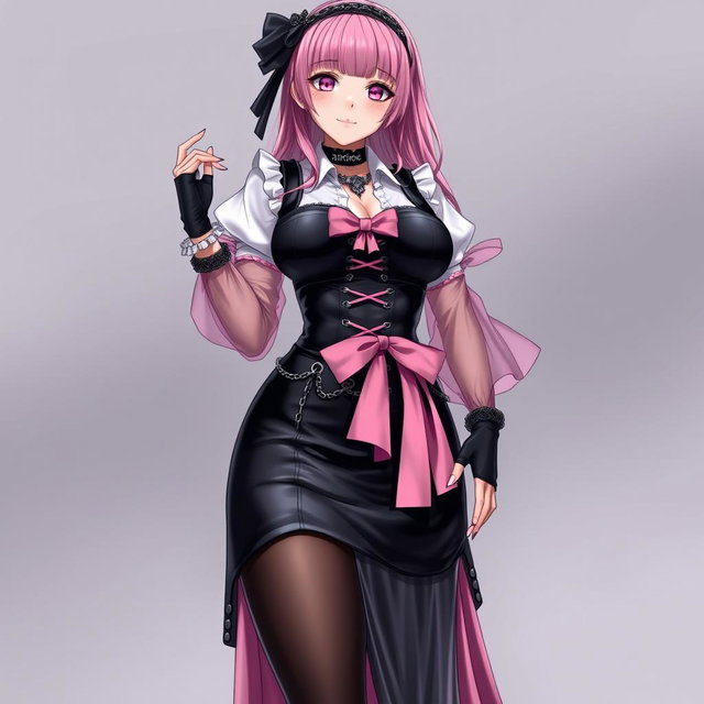 A realistic depiction of a sexy gothic anime maid/slave girl, showcasing a flustered, subtle smile with a blush on her cheeks