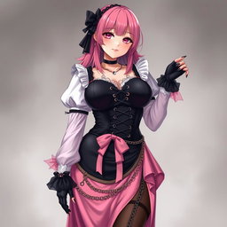 A realistic depiction of a sexy gothic anime maid/slave girl, showcasing a flustered, subtle smile with a blush on her cheeks