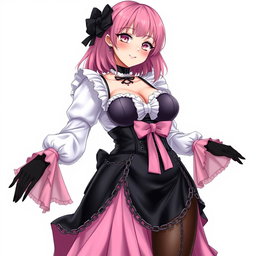 A realistic depiction of a sexy gothic anime maid/slave girl, showcasing a flustered, subtle smile with a blush on her cheeks