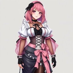 A realistic portrayal of a sexy gothic anime maid/slave girl, characterized by a flustered subtle smile and a gentle blush on her cheeks