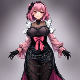 A realistic portrayal of a sexy gothic anime maid/slave girl, characterized by a flustered subtle smile and a gentle blush on her cheeks