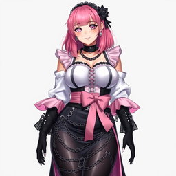 A realistic portrayal of a sexy gothic anime maid/slave girl, characterized by a flustered subtle smile and a gentle blush on her cheeks