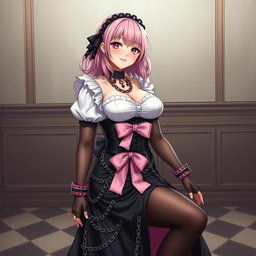 A realistic portrayal of a sexy gothic anime maid/slave girl, characterized by a flustered subtle smile and a gentle blush on her cheeks