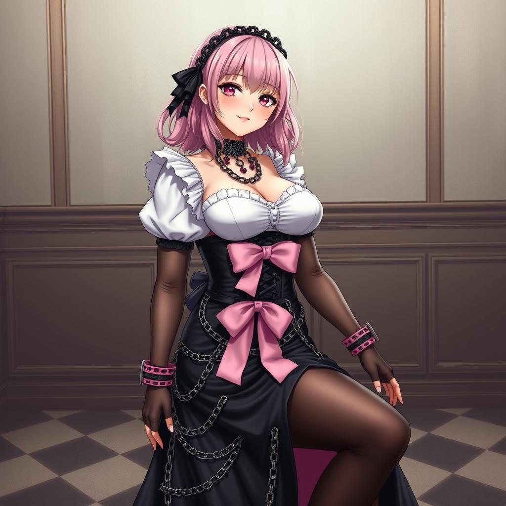 A realistic portrayal of a sexy gothic anime maid/slave girl, characterized by a flustered subtle smile and a gentle blush on her cheeks
