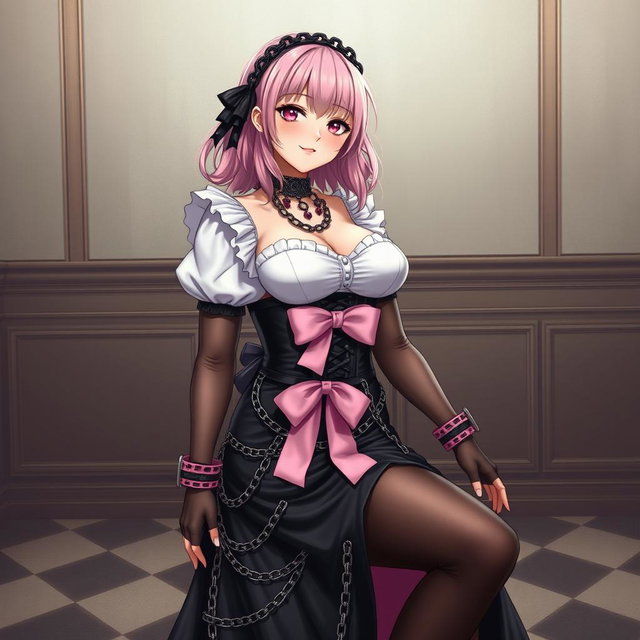 A realistic portrayal of a sexy gothic anime maid/slave girl, characterized by a flustered subtle smile and a gentle blush on her cheeks