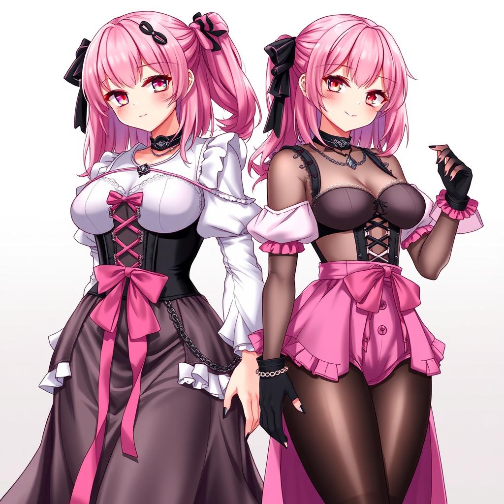 A stunning illustration featuring two realistic sexy gothic anime maid/slave girls, each showcasing a flustered, subtle smile with a gentle blush on their cheeks