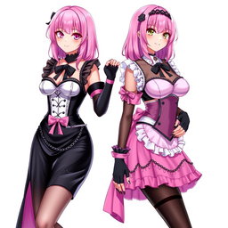 A stunning illustration featuring two realistic sexy gothic anime maid/slave girls, each showcasing a flustered, subtle smile with a gentle blush on their cheeks