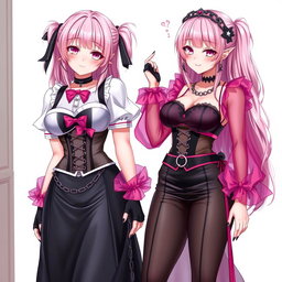 A stunning illustration featuring two realistic sexy gothic anime maid/slave girls, each showcasing a flustered, subtle smile with a gentle blush on their cheeks