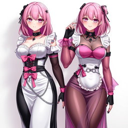 A stunning illustration featuring two realistic sexy gothic anime maid/slave girls, each showcasing a flustered, subtle smile with a gentle blush on their cheeks