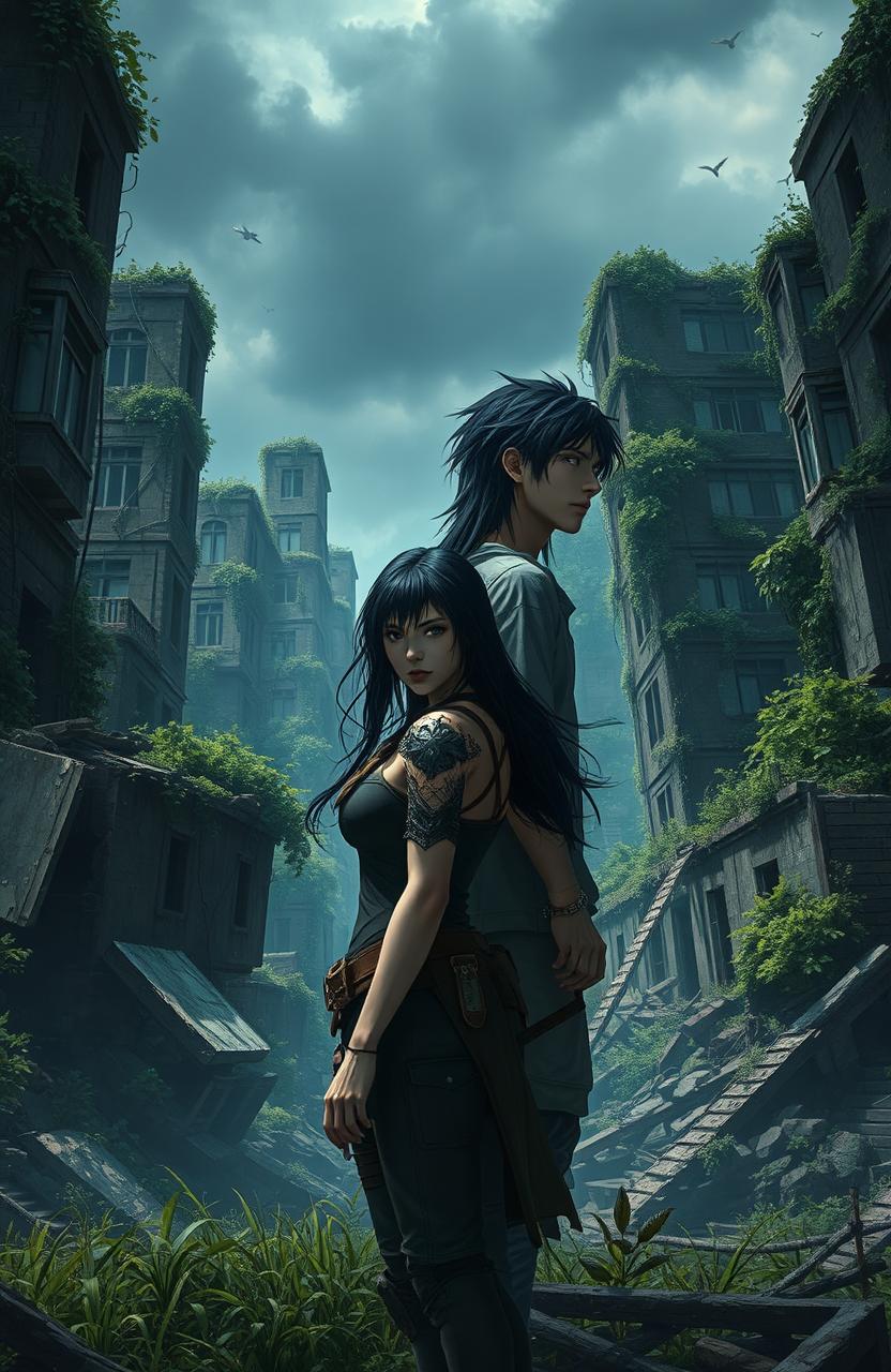 A dystopian landscape featuring broken buildings overgrown with greenery, highlighting nature's reclaiming of an urban environment