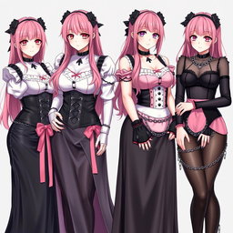 A stunning portrayal of four realistic sexy gothic anime maid/slave girls, each displaying a flustered, subtle smile accentuated by a light blush on their cheeks