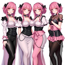 A stunning portrayal of four realistic sexy gothic anime maid/slave girls, each displaying a flustered, subtle smile accentuated by a light blush on their cheeks