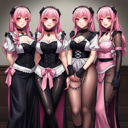 A stunning portrayal of four realistic sexy gothic anime maid/slave girls, each displaying a flustered, subtle smile accentuated by a light blush on their cheeks
