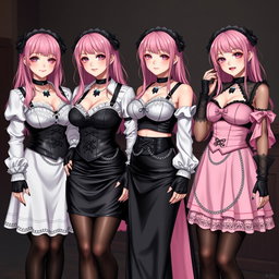 A stunning portrayal of four realistic sexy gothic anime maid/slave girls, each displaying a flustered, subtle smile accentuated by a light blush on their cheeks