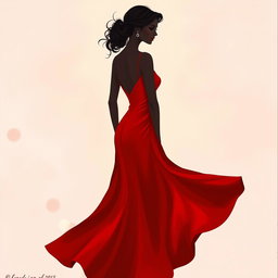 A minimalist painting featuring a woman in a stunning red dress at a fancy party