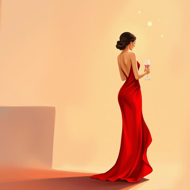 A minimalist painting featuring a woman in a stunning red dress at a fancy party