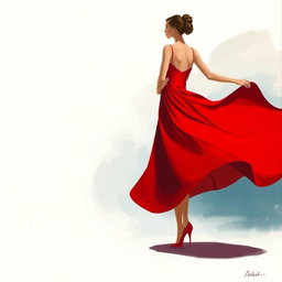 A minimalist painting featuring a woman in a stunning red dress at a fancy party