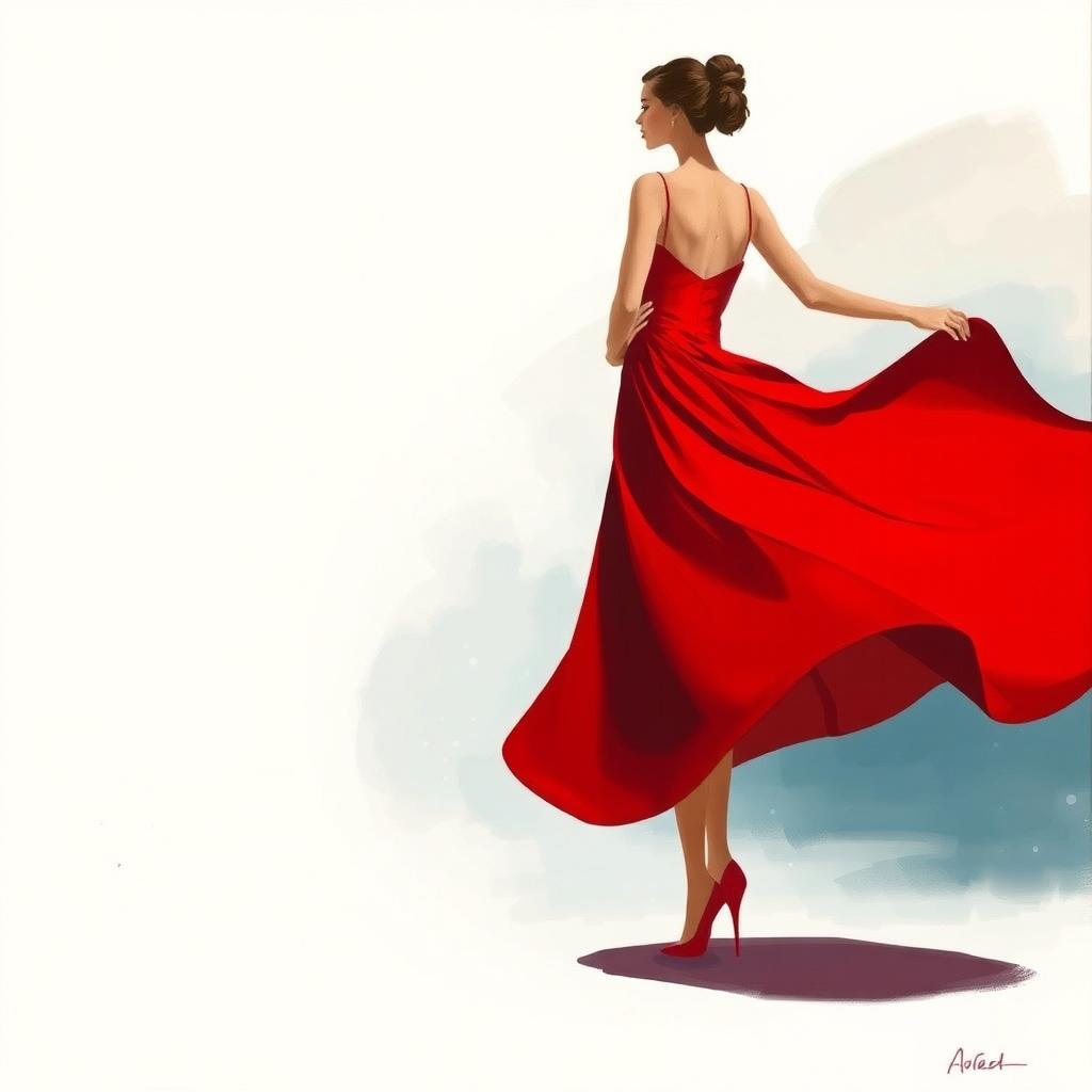 A minimalist painting featuring a woman in a stunning red dress at a fancy party