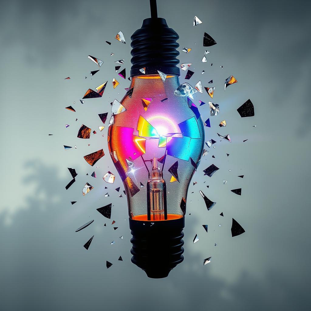 An artistic representation of a fragmented light bulb designed as a prism, with shards of shattered glass scattering around it