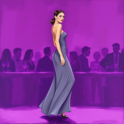 A minimalist painting featuring a woman in a flowing gray dress at a vibrant purple bar party