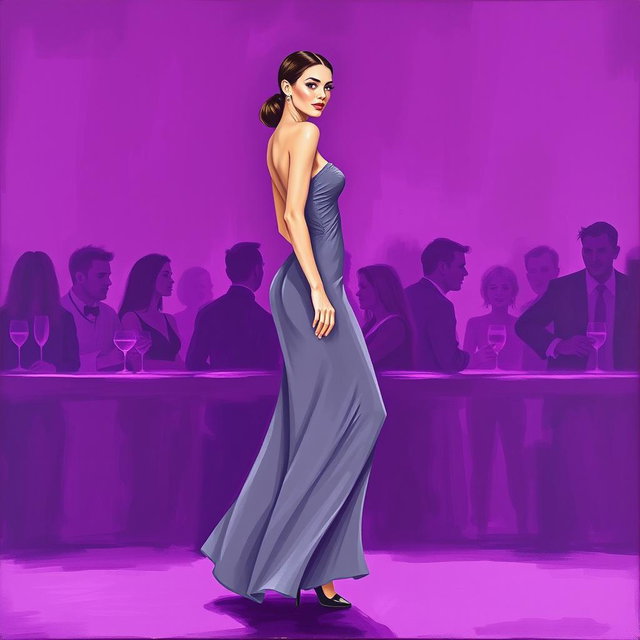 A minimalist painting featuring a woman in a flowing gray dress at a vibrant purple bar party