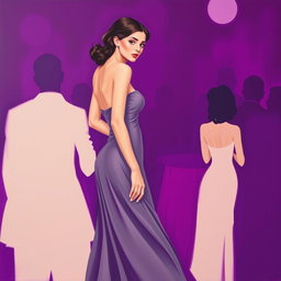 A minimalist painting featuring a woman in a flowing gray dress at a vibrant purple bar party
