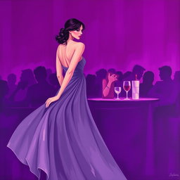 A minimalist painting featuring a woman in a flowing gray dress at a vibrant purple bar party